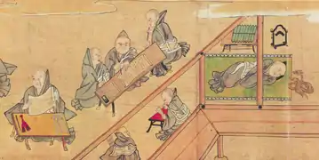 Rouleau 2 : à droite, les deux jeunes gens condamnés à errer sur terre sous forme de serpent implorent en songe un prêtre du Dojo-ji de les libérer ; à gauche, les prêtres préparent la cérémonie par la copie du Sūtra du Lotus.