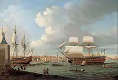 Le HMS Foudroyant rentrant à Portsmouth en 1782, en compagnie du Pégase qu’il vient de capturer.