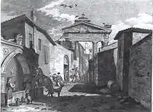 Gravure d'un portique enchâssé dans une ville