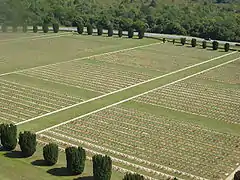 Vue aérienne de cimetières militaires à Douaumont.
