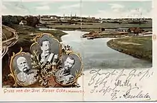 Gruss von der Drei Kaiser Ecke b. Myslovitz O.S. - Nicolas II (Russie) , Guillaume II (Allemagne), François-Joseph (Autriche-Hongrie), carte postale, 1902.