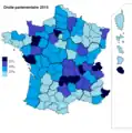 Résultats électoraux de la droite parlementaire (hors DLF) au premier tour par département.