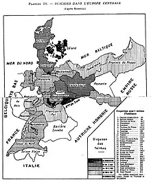 Carte des taux annuels de suicide principalement en Allemagne avec les différences entre länder catholiques et protestants.