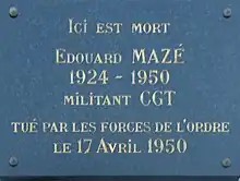 Plaque commémorative posée à l’endroit où Edouard Mazé fut tué, au 7, rue Kerabecam à Brest