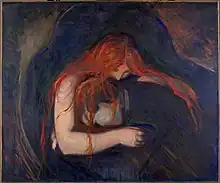 Peinture, une femme est penchée sur le cou d'un homme