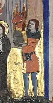 Illustration en couleurs d'un homme portant un casque en forme de tête de vache.