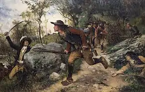 Huile sur toile représentant des soldats vendéens courant dans les bois.