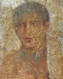 Peinture à l'encaustique sur pierre tombale en marbre. Portrait d'un jeune homme nommé Théodoros. Ier siècle av. J.-C..