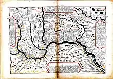 Carte ancienne montrant le Ienisseï et ses affluents de manière exagérée, et situant de nombreux lieux dont Ienisseïsk au centre-droit avec un carré et des maisons pour l'ostrog.