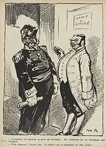 Dessin monochrome d'un général se voyant refuser l'entrée au cabinet du ministre par un domestique.