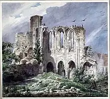 vestiges en pierre envahis par la végétation et entouré d'oiseaux