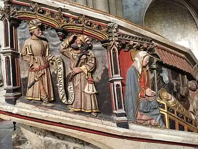 Scènes bibliques ornant l'escalier menant au jubé.