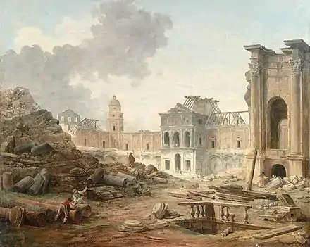 « Esquisse terminée » de la démolition du château de Meudon, Hubert Robert, vers 1804. Vente aux enchères du 27 septembre 2016 à Nantes, étude COUTON VEYRAC JAMAULT, lot 30. mesures : 59 x 74 cm (sans cadre) Collection du musée du Domaine départemental de Sceaux depuis 2016