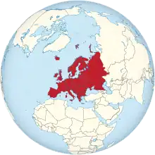 Carte administrative de l'hémisphère nord, montrant l'Europe en rouge.