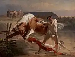 Ian Ousmochvets arrêtant un taureau, par Evgraf Sorokine (1849).