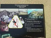 Plaque murale intitulée « Télécabine du Moucherotte et hôtel Ermitage 1959-1974 », avec des photos et des dates clés.