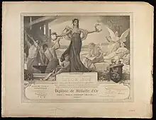 Femme déifée, au centre, ouvrant les bras. À sa gauche des ouvriers, à ses pieds un enfant. À sa droite des anges.