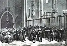 Dessin monochrome représentant des policiers se saisissant de fidèles dans une chapelle.