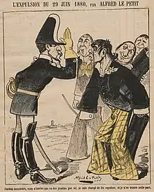 Dessin en couleurs représentant un militaire cherchant à expulser les jésuites qui est trompé par un religieux déguisé à la hâte en homme du monde.