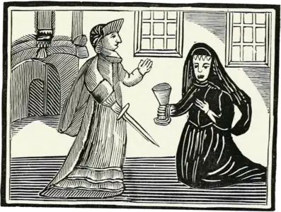 Le choix du couteau ou du poison. (Illustration d'un livre de colportage anglais du XVIIe siècle.)