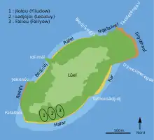 Dessin en couleur figurant l'île, ovale, avec ses toponymes.