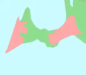 Carte de la péninsule de Falsterbo. Les zones en rose correspondent aux villes de Skanör med Falsterbo (à gauche), de Ljunghusen et de Höllviken (à droite, de part et d'autre du :canal de Falsterbo (en)).