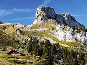 La tour de Famelon vue de la crête du Fer à 1 675 m d'altitude. Le sommet principal se trouve à droite ; au centre se trouve l'antécime.