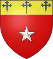 Famille Binet :  De gueules à l'étoile d'argent, au chef d'or chargé de trois croisettes potencées au pied fiché d'azur.