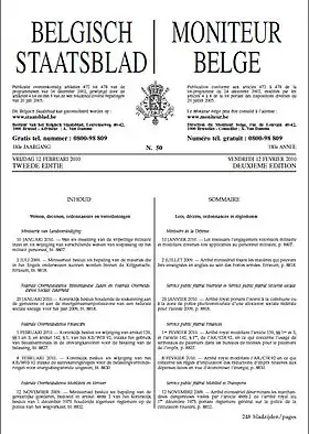 Première page du Moniteur belge - Belgisch Staatsblad