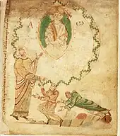 Thierry et sa femme implorant Saint Adalbert (illustration de l'Évangéliaire d'Egmond).