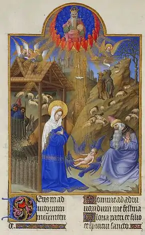 Coloris plus pâles, camaïeu de brun et ciel en dégradés : La Nativité, f.44v.