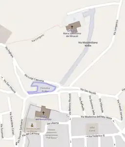 Localisation de la Fontana Araba et du sanctuaire de la Madone des Miracles à Alcamo.