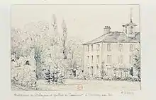 Dessin à la mine de plomb représentant une maison de campagne de deux étages dans un parc arboré.