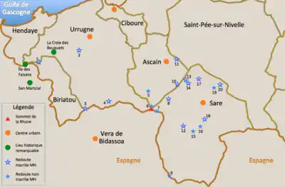 Carte montrant des emplacements d’ouvrages militaires.