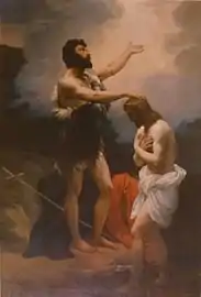 Tableau montrant Jean le Baptiste imposant les mains à Jésus à moitié plongé dans le Jourdain.