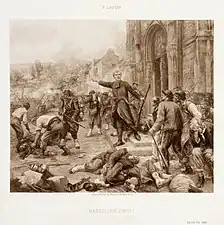 Bazeilles (1870), photogravure de 1896 d'après François Lafon : l'abbé Baudelot exhortant la population à combattre.