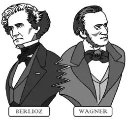Caricature de Berlioz et Wagner en bustes se tournant le dos mais emboîtés