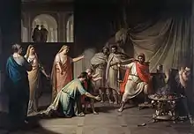 Peinture en couleur montrant un homme s'agenouillant devant un autre et entouré d'autres personnages.