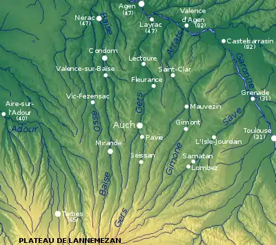 Principales rivières et communes du Gers et des confluences dans les départements limitrophes.
