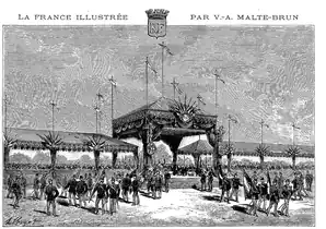 Distribution des drapeaux à l'hippodrome de Longchamp le 14 juillet 1881, lors du défilé de la fête nationale.