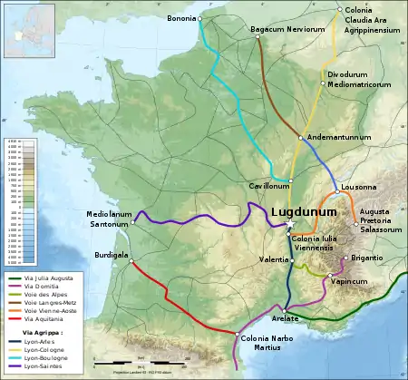 Carte moderne représentatn les voies romaines au départ de Lugdunum.