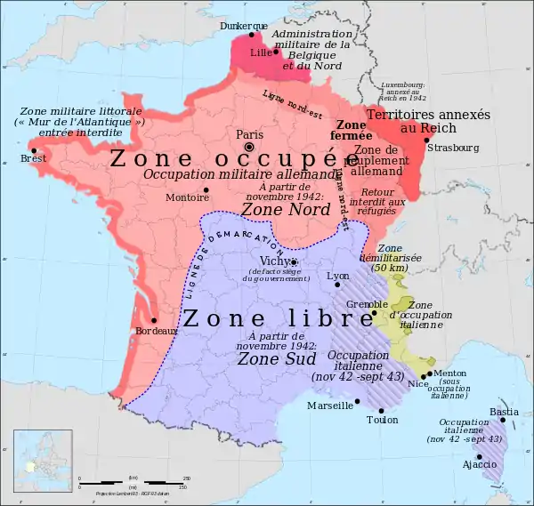 Une carte représentant la division du territoire français, durant la Seconde Guerre mondiale, entre une zone libre correspondant à un large tiers sud-est du pays et une zone occupée correspondant au nord du pays et au littoral atlantique.