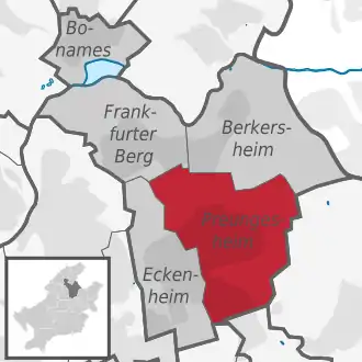 Carte situant le quartier (en rouge) au sein l'arrondissement (en gris foncé) et du reste de la ville (en gris clair)