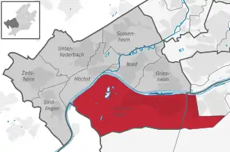 Carte situant le quartier (en rouge) au sein l'arrondissement (en gris foncé) et du reste de la ville (en gris clair)