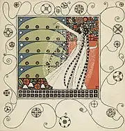 Dessin en couleur dans un cadre neutre ornementé d'une femme en robe longue, bras levé, très stylisée