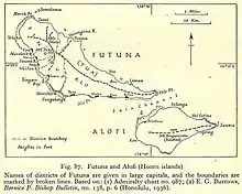 Carte en marron et noir, montrant deux îles. Futuna, la plus grande, est en forme triangulaire. Légende en anglais.