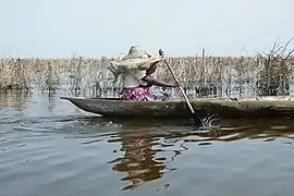 Femme tofinu et son enfant longeant les pièges acadja.