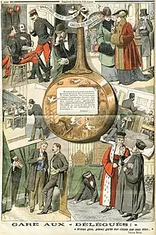 Quatre dessins polychromes de part et d'autre d'une grande casserole ; ces scènes dépeignent des situations d'espionnages par un délégué de Combes.