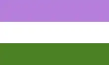 – La bande violette représente les gens dont le genre est entre homme et femme ou un mélange d’homme et de femme (spectre masculin-féminin). – La bande blanche représente l’absence de genre (agenre) ou la neutralité de genre. – La bande de vert chartreuse représente les genres en dehors des concepts de la binarité (maverique, etc.) car c’est la couleur opposé du violet (qui lui contient du rose et du bleu).