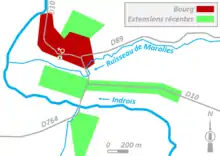 Plan très schématisé d'un centre urbain montrant le noyau historique et ses extensions récentes.